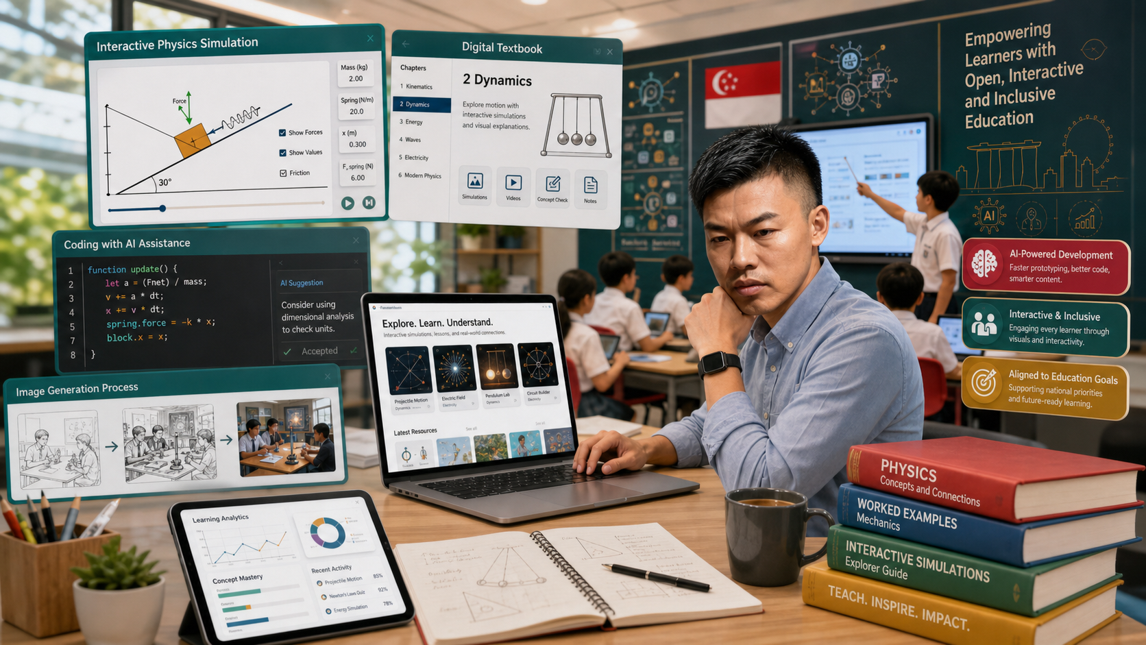 Editorial poster for building iwant2study.org with AI-assisted coding and interactive simulations