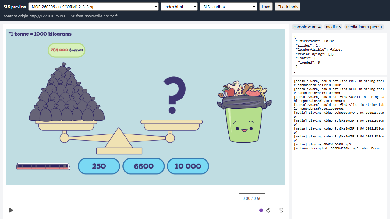 Preview of the fixed package: a Storyline question slide with a balance scale and answer buttons 250, 6600 and 10 000, and a log with nothing blocked.
